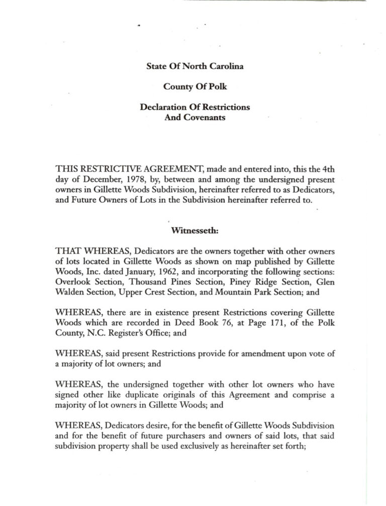 Declaration of Restrictions and Covenants Gillette Woods Association